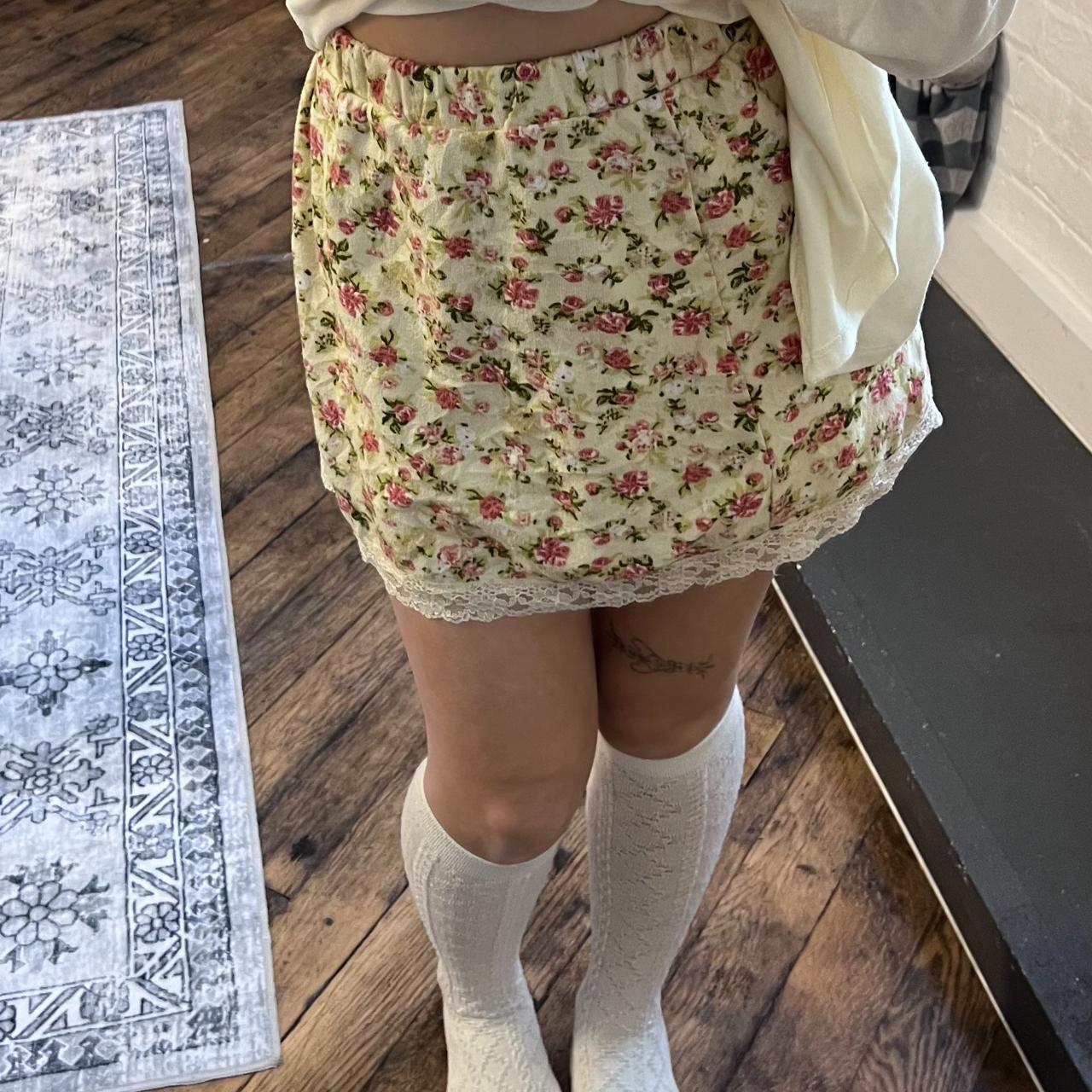 coquette ld prime cream mori kei pink floral print lace hem straight mini skirt