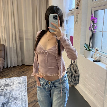 vintage dusty pink ribbed crop lacey knit bolero cardigan and fitted camisole two piece set