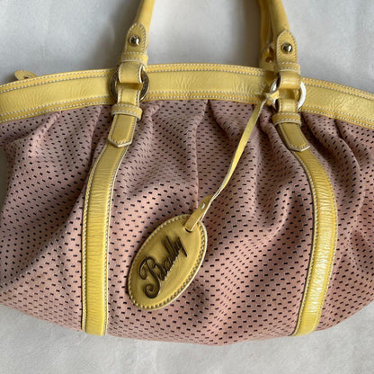 bally custard yellow patent leather x dusty pink suede puffy shoulder bag