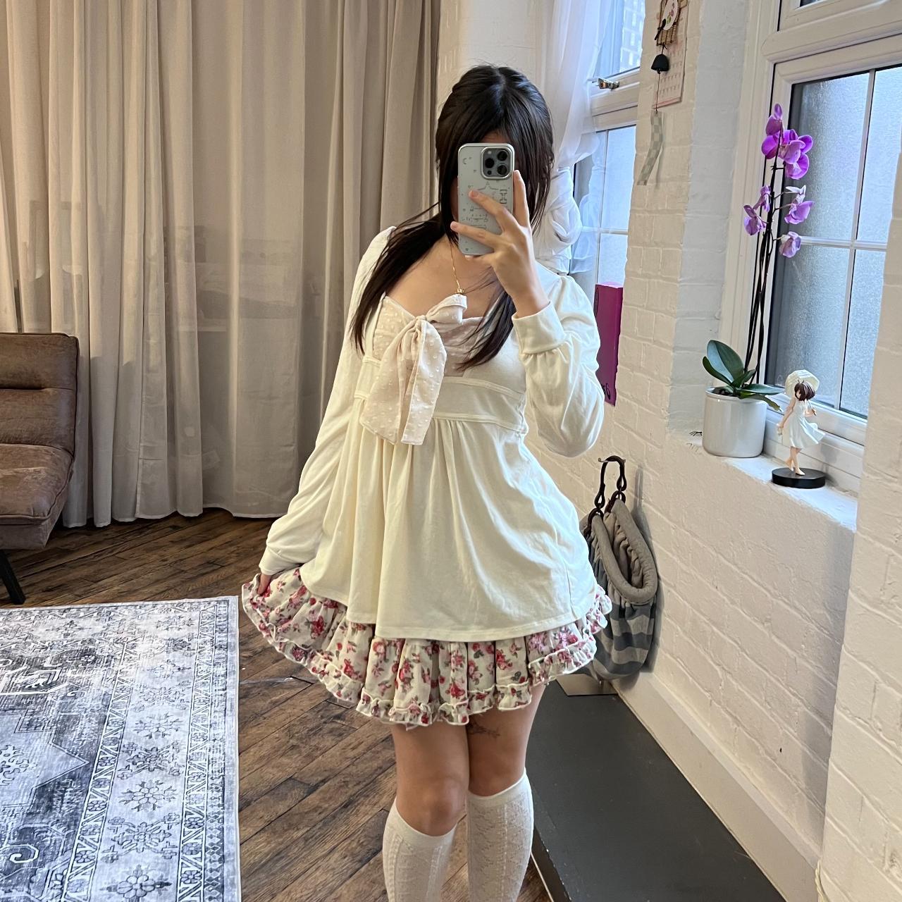 coquette finemotion off white mori kei pink floral print puffy frill mini skirt