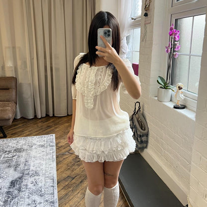 coquette balletcore l'est rose ivory half sleeve ruffle blouse