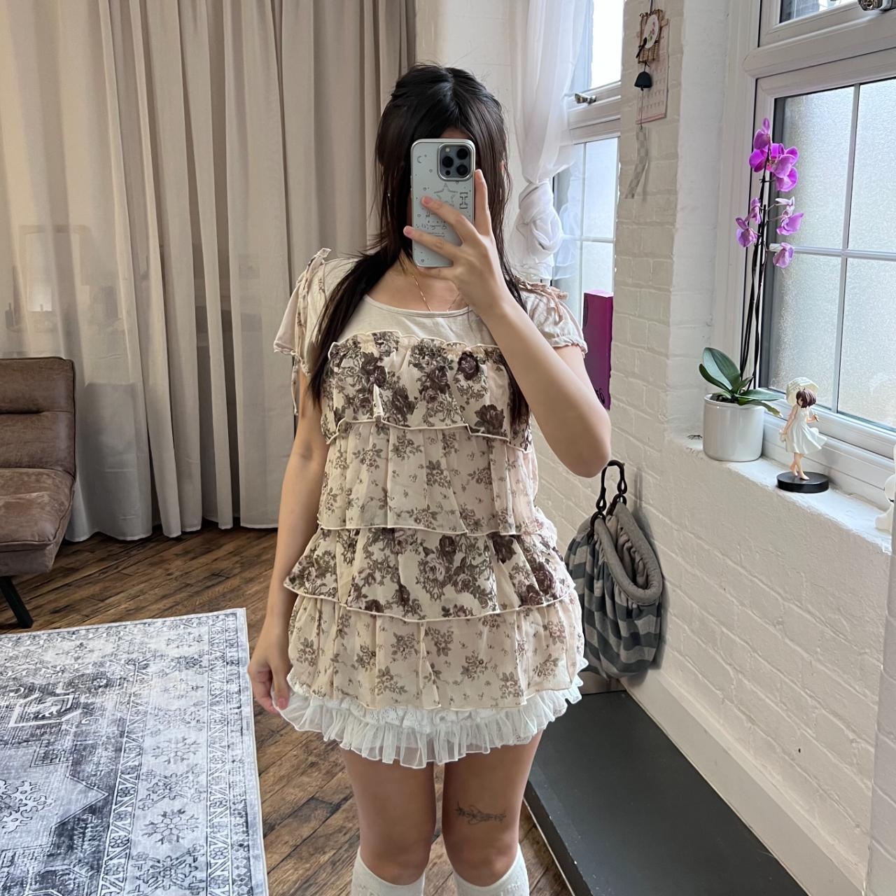 rosa cheri mori kei coquette beige floral print tiered ruffle two in one top