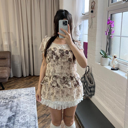 rosa cheri mori kei coquette beige floral print tiered ruffle two in one top