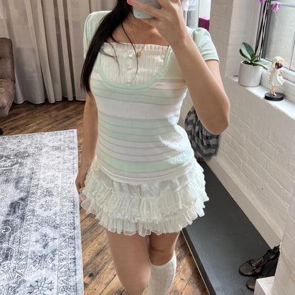 coquette preppy mint pin curl puff sleeve milkmaid layered bust striped top