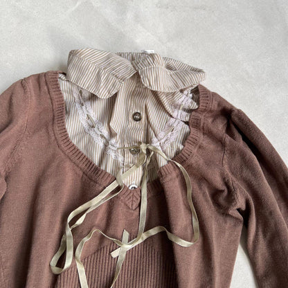 brown milkmaid long sleeve striped lacey collared long sleeve knit + blouse two in one top