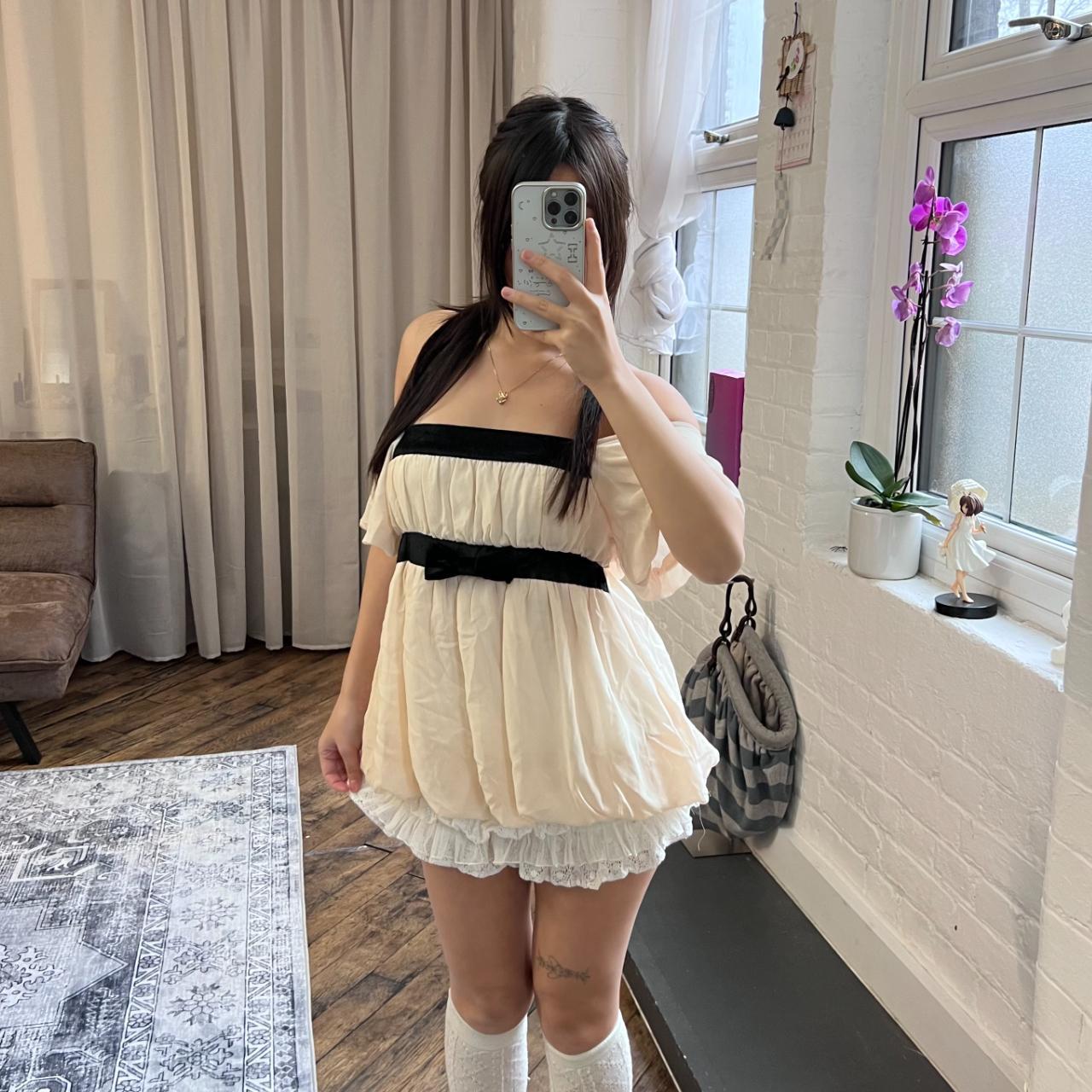 coquette ivory beige prime pattern ruched layered babydoll blouse