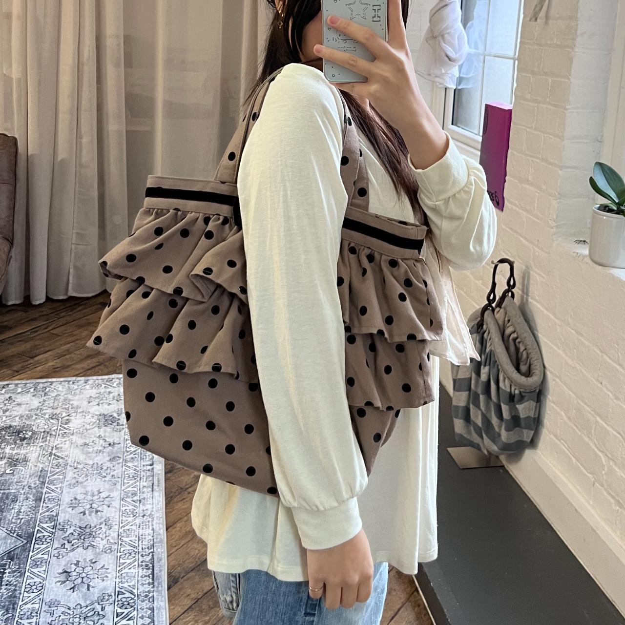 le cou cou mori kei coquette brown ruffle tiered black ribbon polka dot tote bag