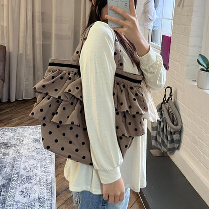 le cou cou mori kei coquette brown ruffle tiered black ribbon polka dot tote bag