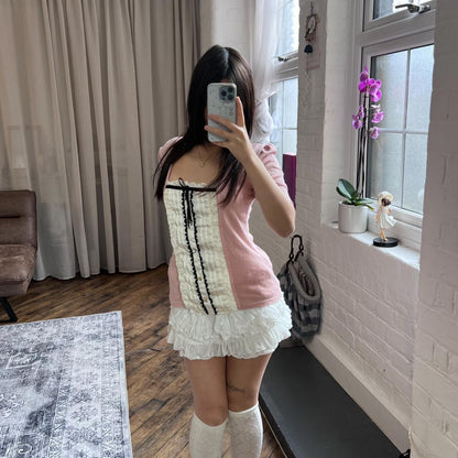 coquette cecil mcbee pink puff sleeve two in one faux layered white pleated camisole top