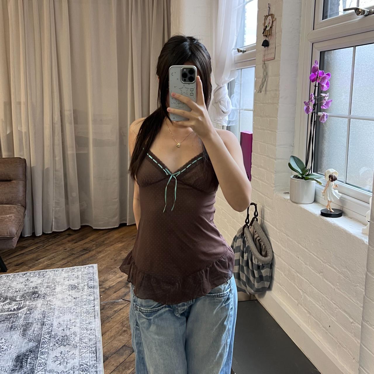 coquette preppy vintage rampage brown polka dot print sheer camisole with blue satin ribbon detail