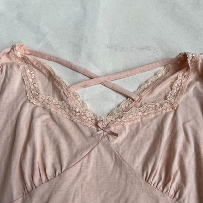 coquette angelic pink long sleeve liz lisa lacey square neck top with criss cross back detailing and frilly sleeve hem