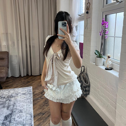 morgan balletcore pink beige v neck front satin ribbon short sleeve top