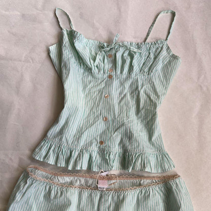 vintage fifi chachnil mint green pinstripe camisole + puff frill hem shorts two piece pyjama set