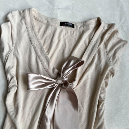 morgan balletcore pink beige v neck front satin ribbon short sleeve top