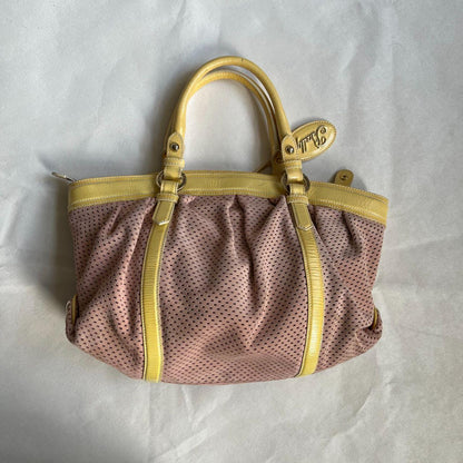 bally custard yellow patent leather x dusty pink suede puffy shoulder bag