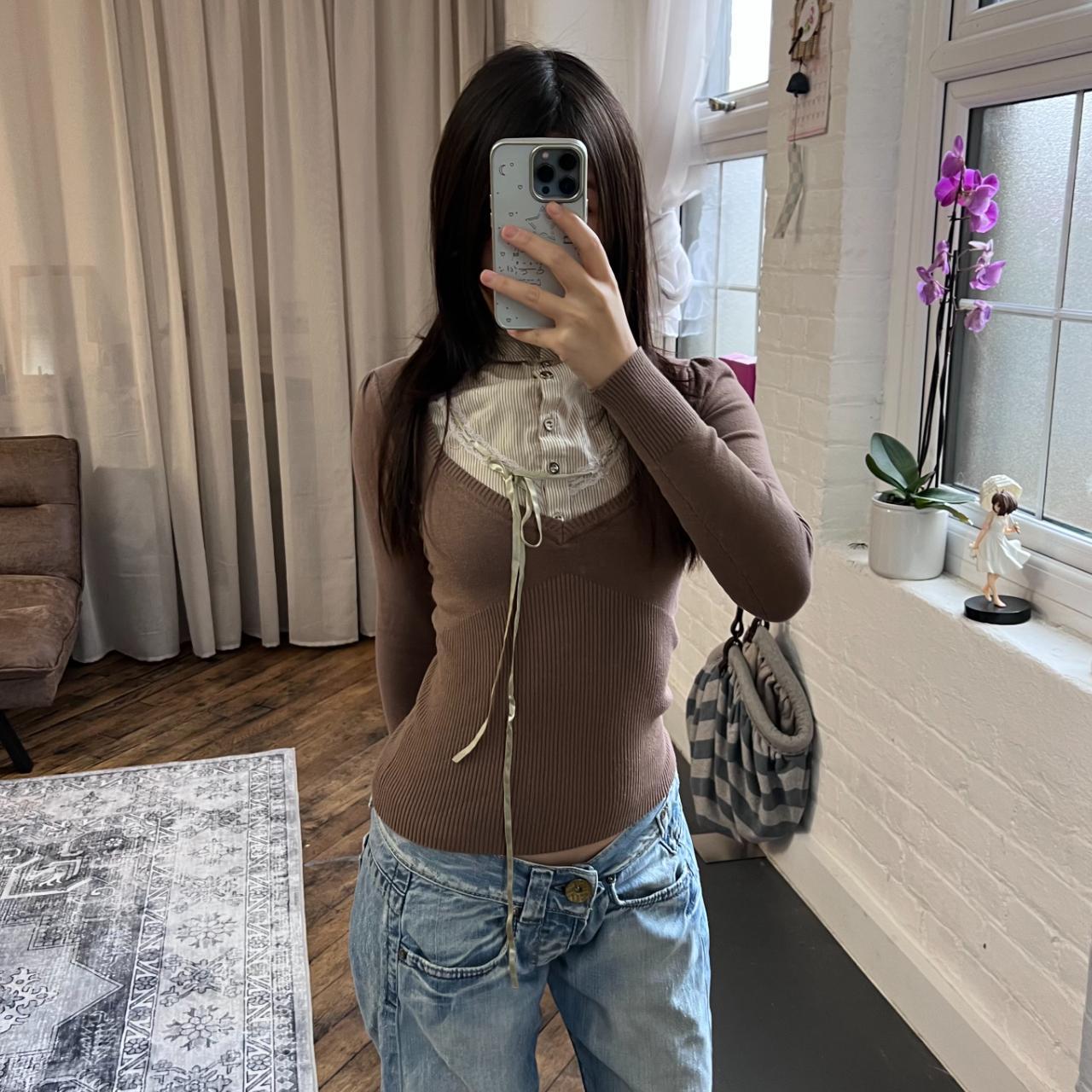 brown milkmaid long sleeve striped lacey collared long sleeve knit + blouse two in one top