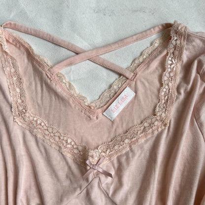 coquette angelic pink long sleeve liz lisa lacey square neck top with criss cross back detailing and frilly sleeve hem