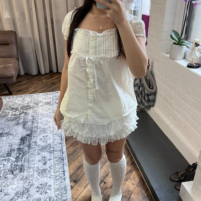 coquette ivory white ant werpen ruched cap sleeve lacey milkmaid style blouse