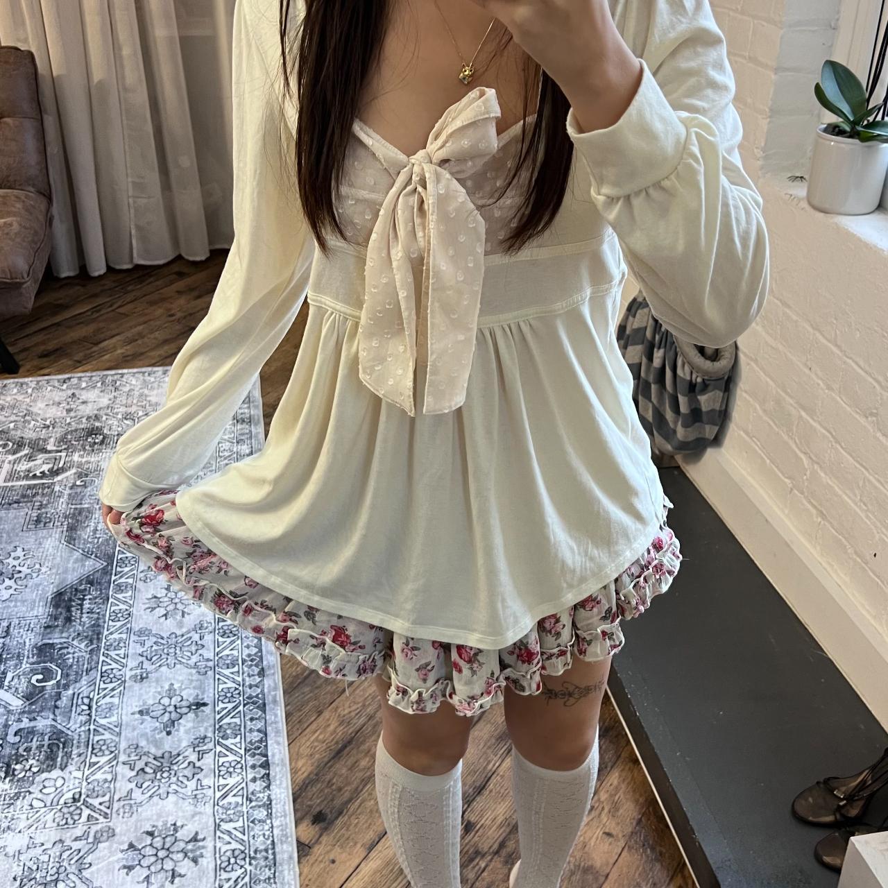 coquette finemotion off white mori kei pink floral print puffy frill mini skirt