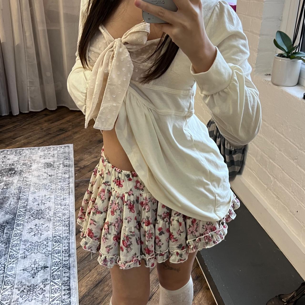 coquette finemotion off white mori kei pink floral print puffy frill mini skirt