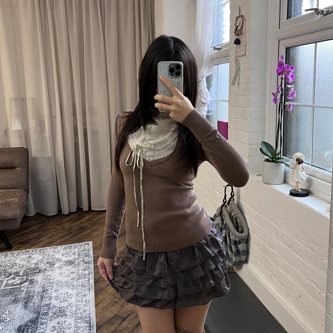 brown milkmaid long sleeve striped lacey collared long sleeve knit + blouse two in one top