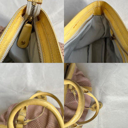 bally custard yellow patent leather x dusty pink suede puffy shoulder bag